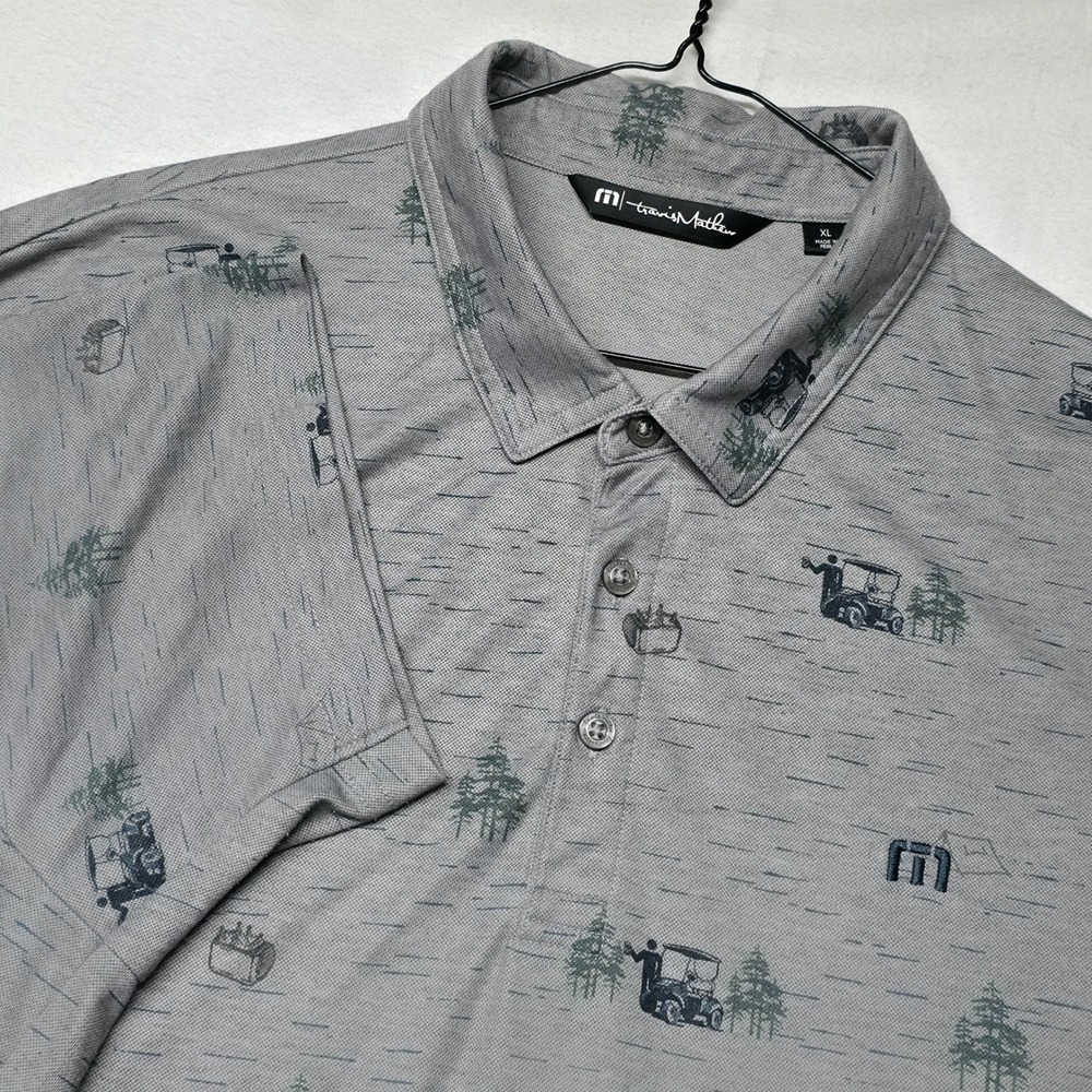Travis Mathew Polo Shirt Men's XL Grey Golf Cart Camping Print Short Sleeve Pima